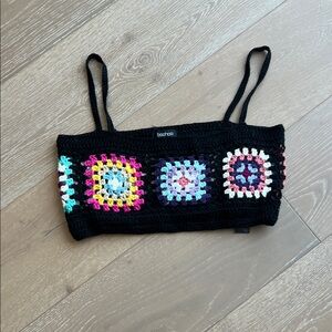 Boohoo Black Crochet Crop Top with Multicolor Squares